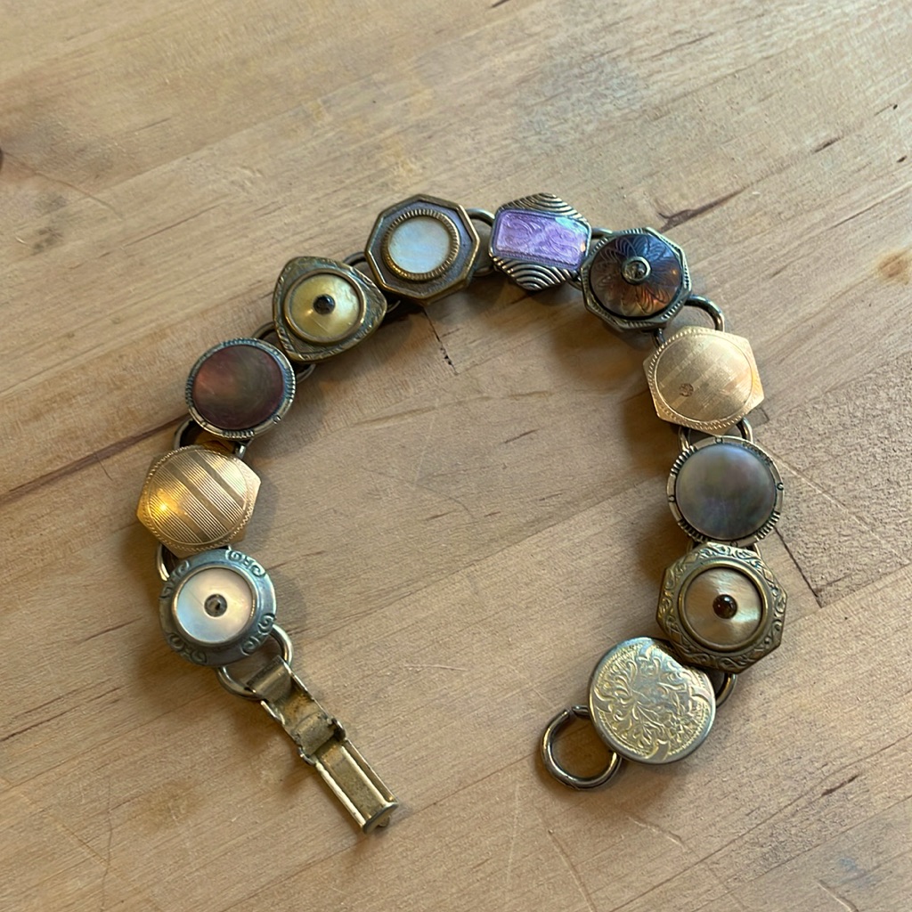 Vintage (80’s?) Bracelet Made From Even Older Enameled Gold Lavender Buttons